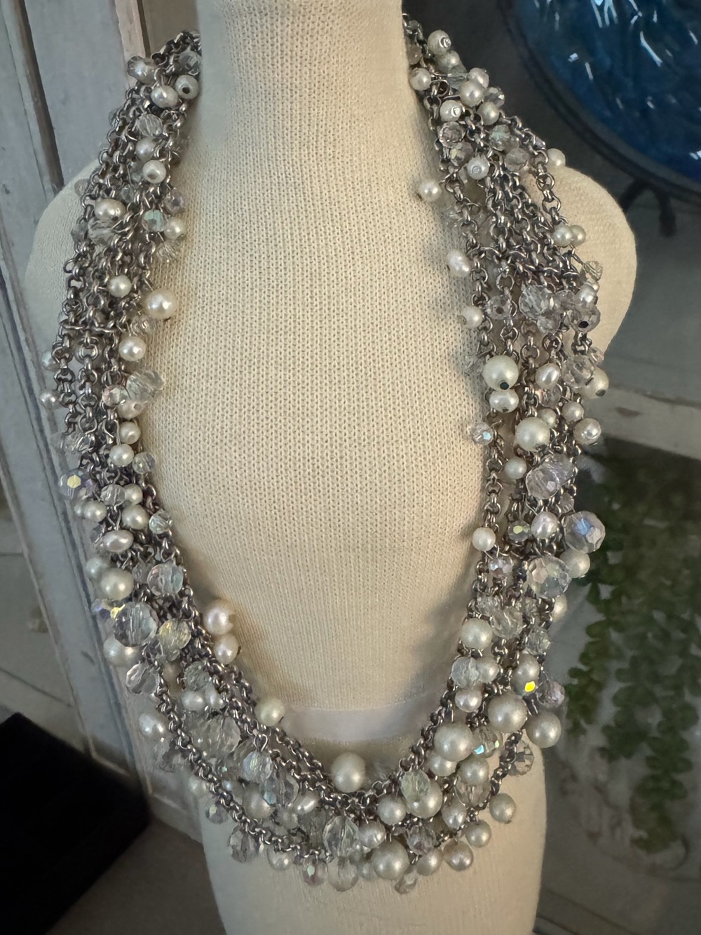 Ann Taylor Multi-Strand Pearl & Crystal Statement Necklace - White/Silver
